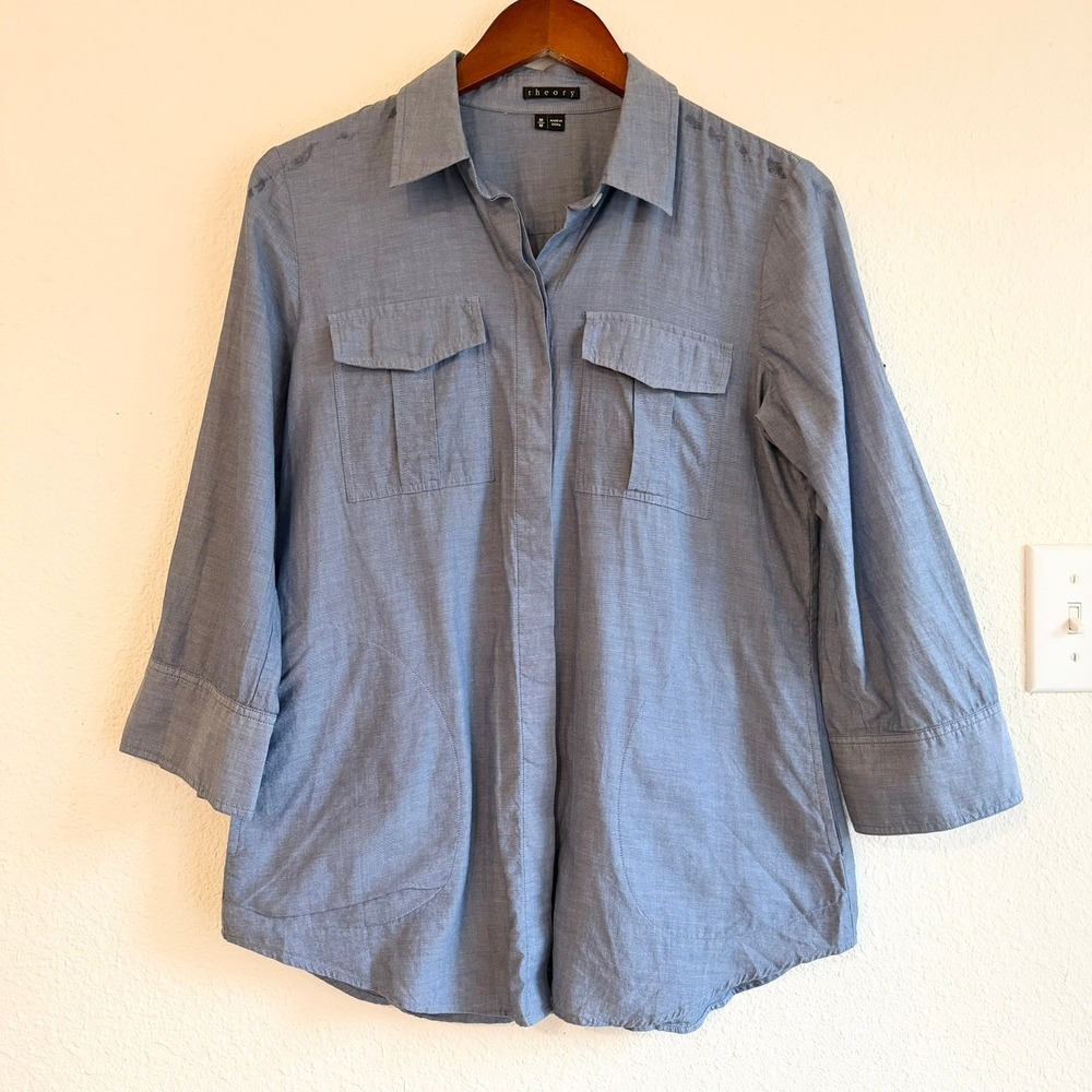 Theory Blue‎ Cotton Chambray Utility Button Down Shirt 3/4 Sleeve Womens Size M